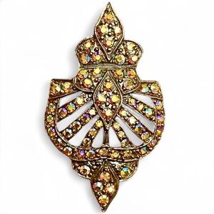 TARA Vintage Rhinestone Brooch Art Deco Style AB Crystal Gold Tone Pin Signed